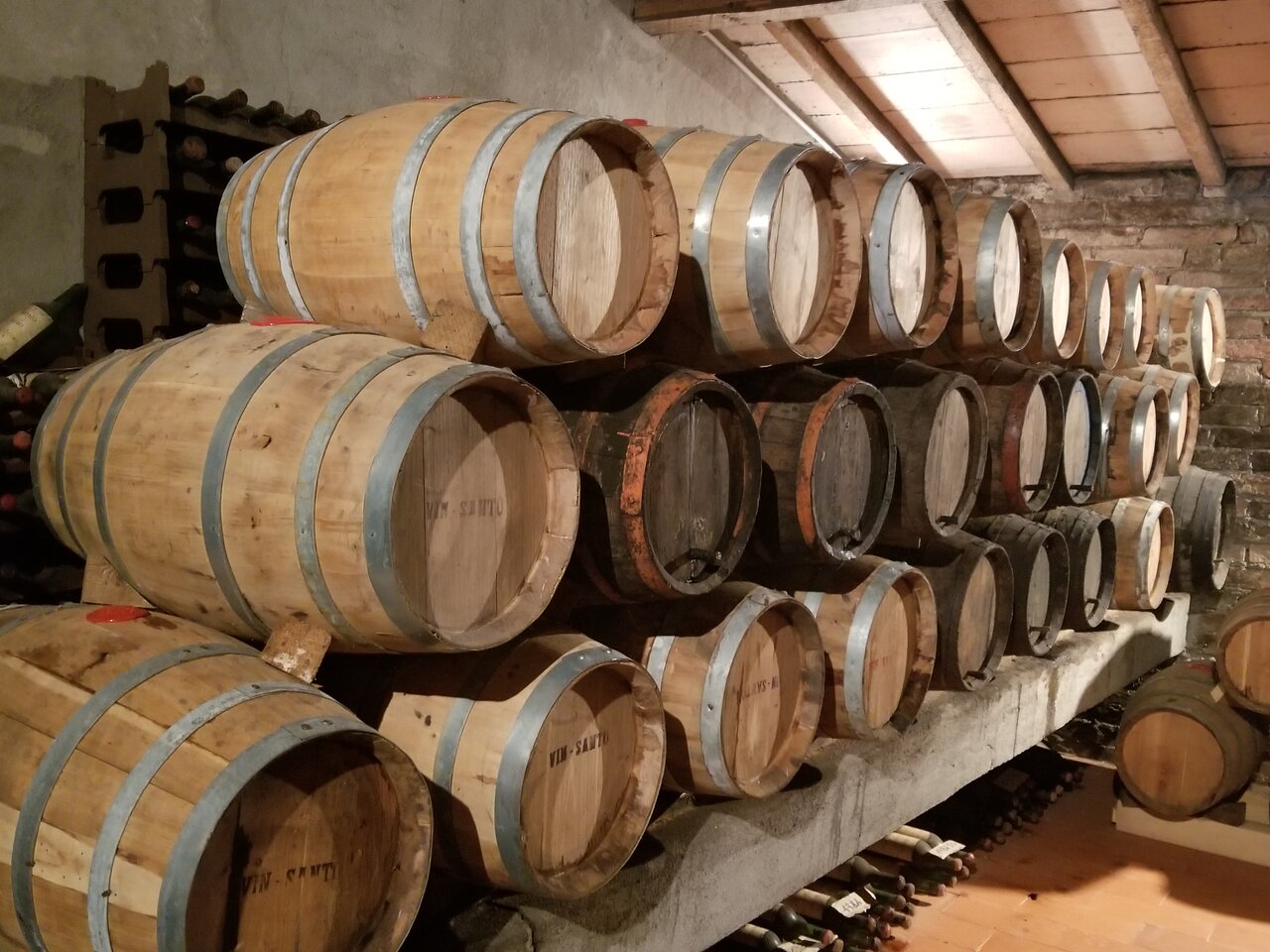 Vin Santo in Montepulciano Barrels of Vin Santo wine at a winery in Montepulciano