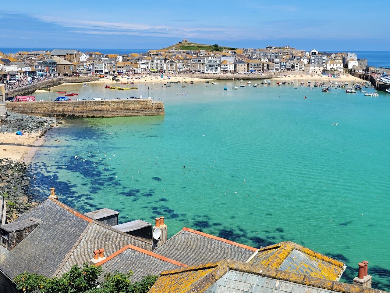 St. Ives, Cornwall, England St Barth from the Lighthouse with huge sailing yachts